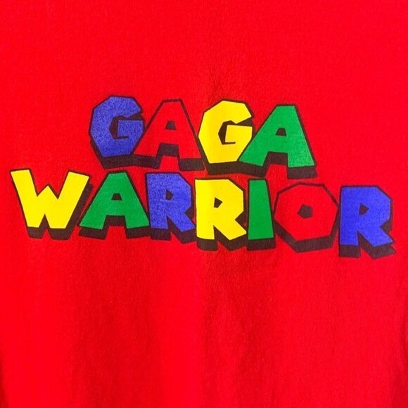 GAGA  WARRIOR MARIO BROS STYLE MULTICOLOUR LETTER RED GRAPHIC T-SHIRT SIZE LARGE - Picture 4 of 7